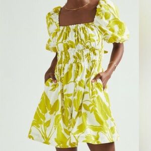 Maeve Anthropologie Feliciana Puff Sleeve Chartreuse White Mini Dress